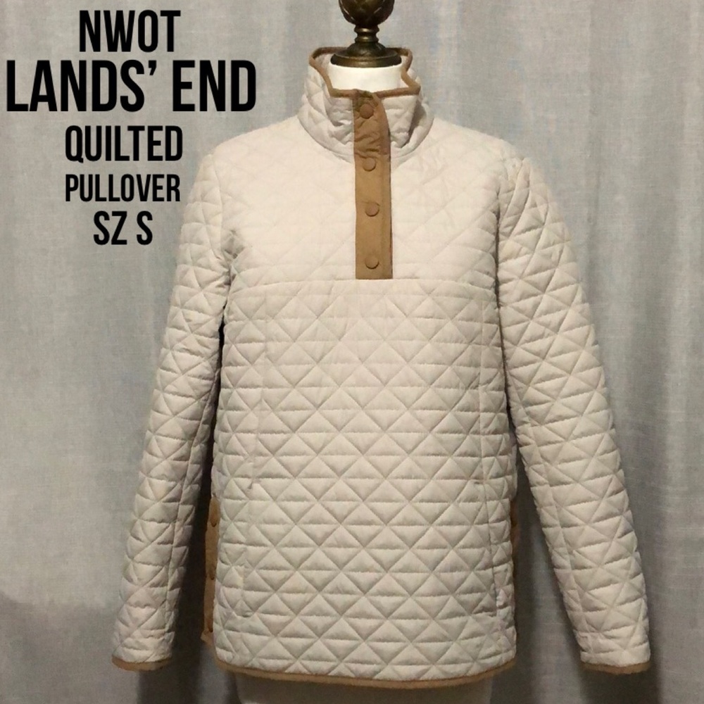 Gorgeous NWOT LANDS’ END Prima Loft Pull Over-S 6-8) Light Stone/Tan Trim-Snaps